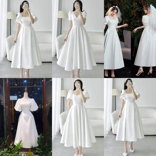 váy trắng dự tiệc thời trang ngắn tay. váy phù dâu, đi bàn đơn giản sang trọng