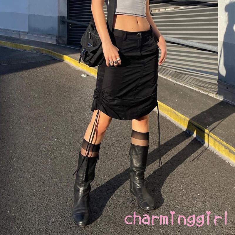Chm-chân Váy Midi Lưng Thấp Dây Rút Màu Trơn Phối Túi Phong Cách Harajuku Cho Nữ