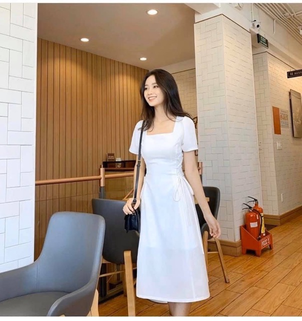 ĐẦM MIDI CỔ VUÔNG ĐAN DÂY EO TRẮNG/ĐEN/ĐỎ/KEM ( KÈM ẢNH THẬT)