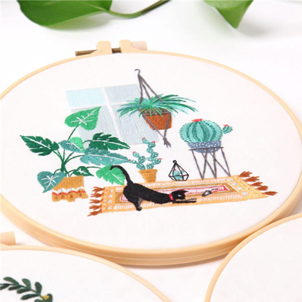 LEISURE Bộ Dụng Cụ Thêu Hoa Cỏ Thủ Công Hình Tròn Màu Đen Cho Người Mới Bắt Đầu