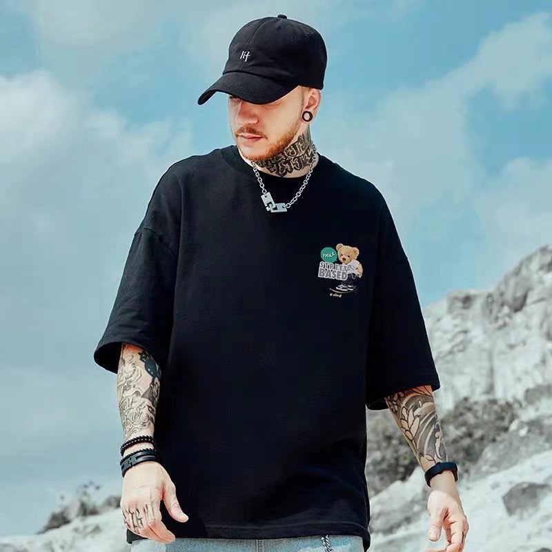 Áo Thun Nam Tay Ngắn Dáng Rộng In Hình Gấu Hoạt Hình Phong Cách Hip Hop Thời Trang Mùa Hè Size M-8XL