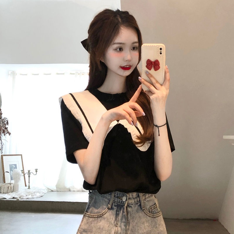 Áo thun tay ngắn cổ búp bê phong cách Hàn Quốc