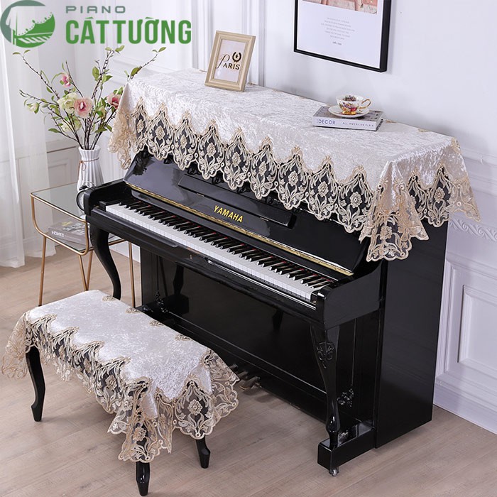 Khăn phủ đàn piano vải GẤM màu kem ánh nhũ bạc cực đẹp ★