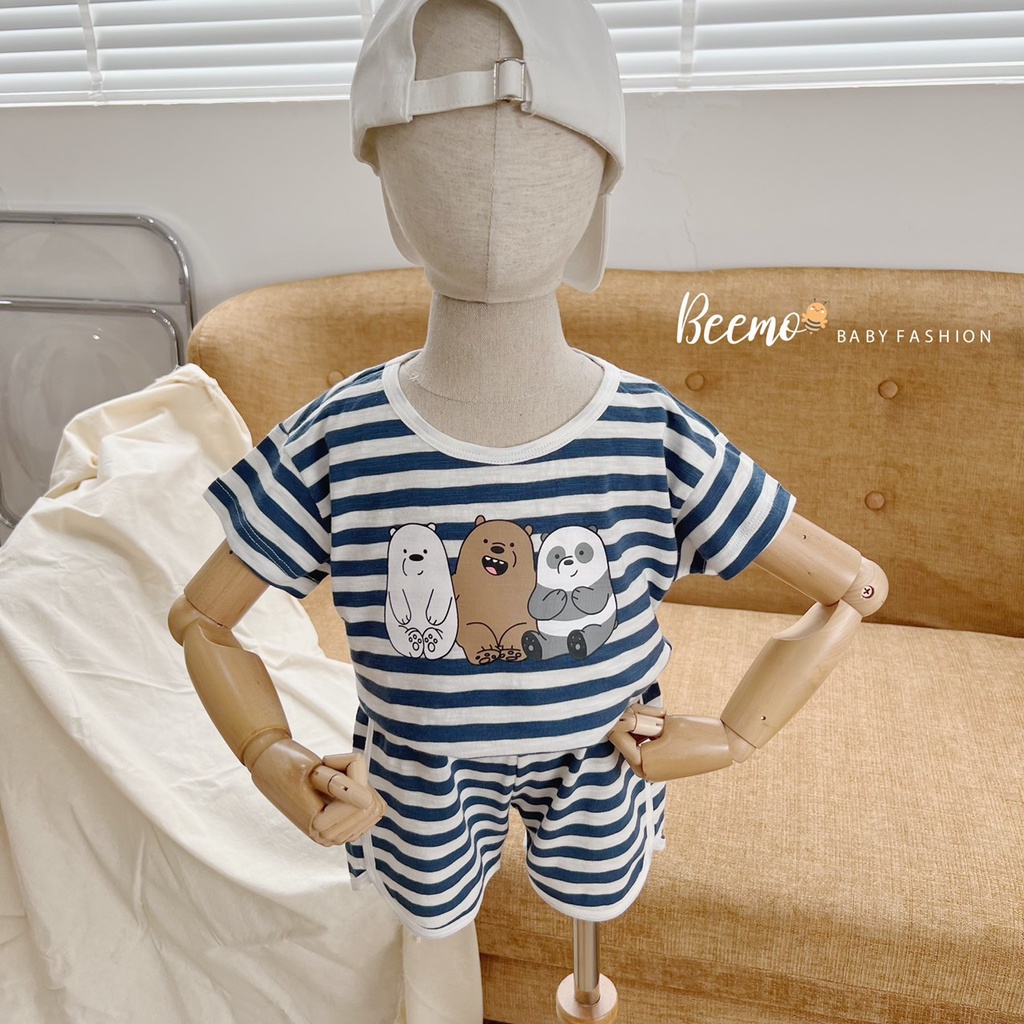 Bộ cotton unisex cho bé hoạ tiết gấu, bộ thun cộc tay mềm mát quần đùi Beemo