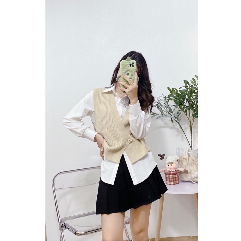 Áo len gile trơn cổ V cách điệu 2 vạt chéo