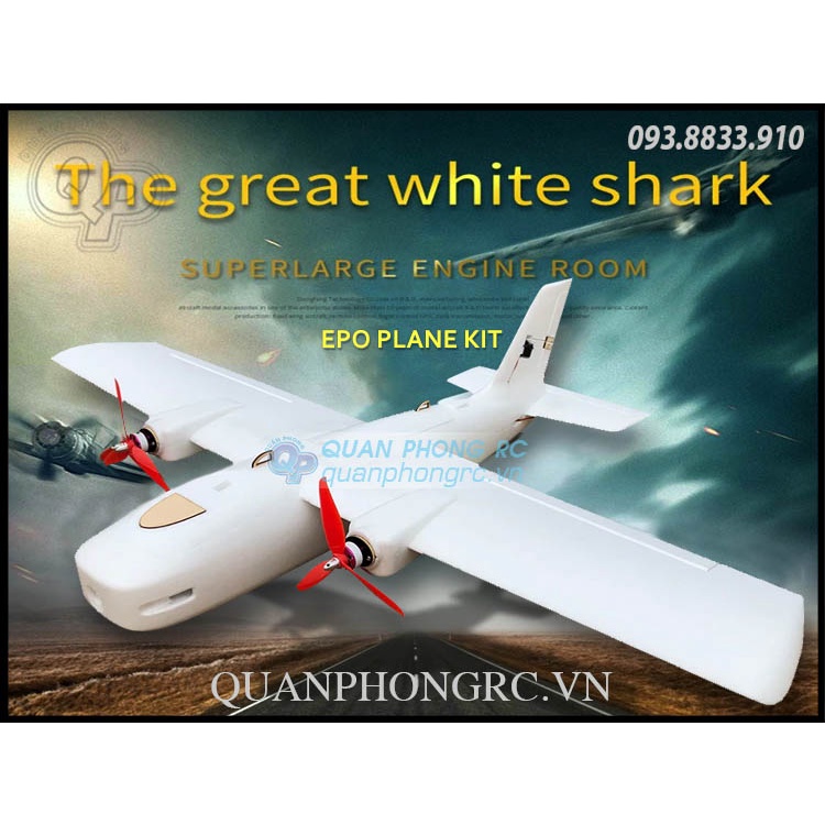 Vỏ Kit EPO 2 motor White Shark Wingspan 111cm Dual Motors FPV Airplane (Không Gồm Đồ Điện) Tặng 1 Decal