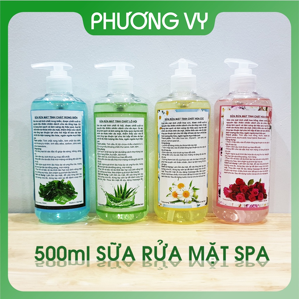 Sữa rửa mặt các loại 500ml cho Spa, hoa hồng, hoa cúc, lô hội, rong biển.