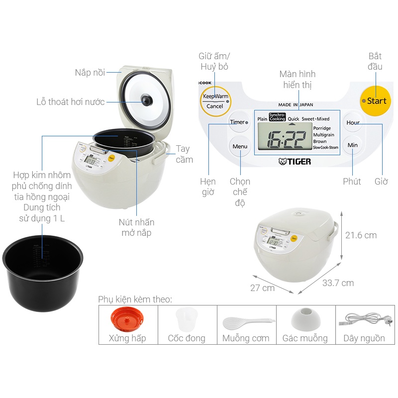 Nồi cơm điện tử Tiger JBV-S10W 1L Sản xuất tại Thái Lan