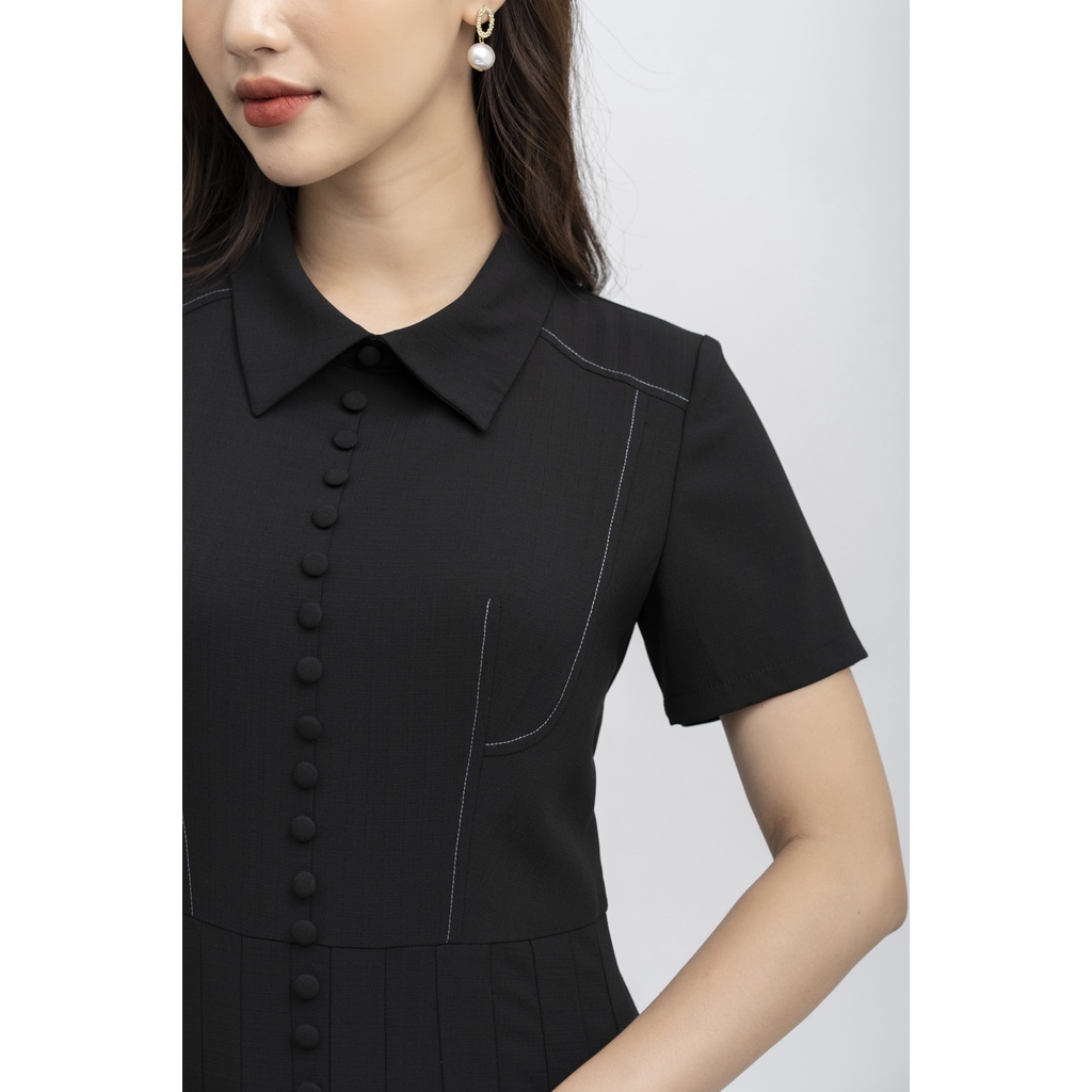 Đẩm xòe công sở cổ đức, váy thiết kế thanh lịch đính cúc bọc trang trí, Đen FIONA F452272