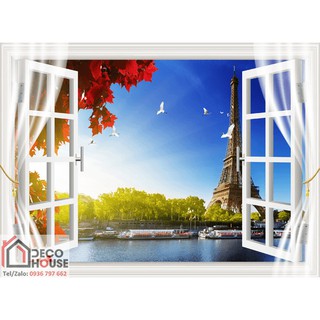 Tranh dán tường 3D cửa sổ hình tháp Eiffel