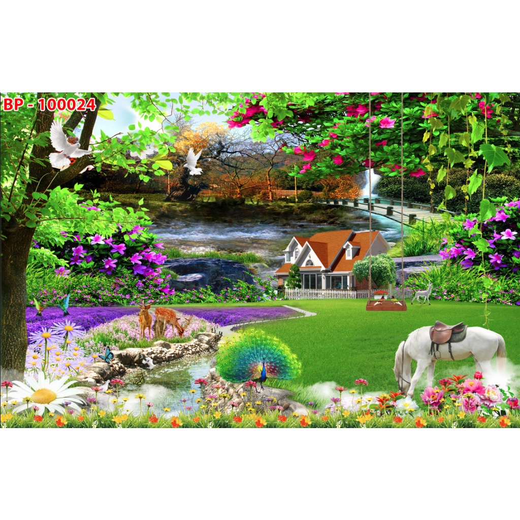 Tranh dán tường phong cảnh cánh rừng hoa, cây cối xanh tốt tạo cảm rác yên bình