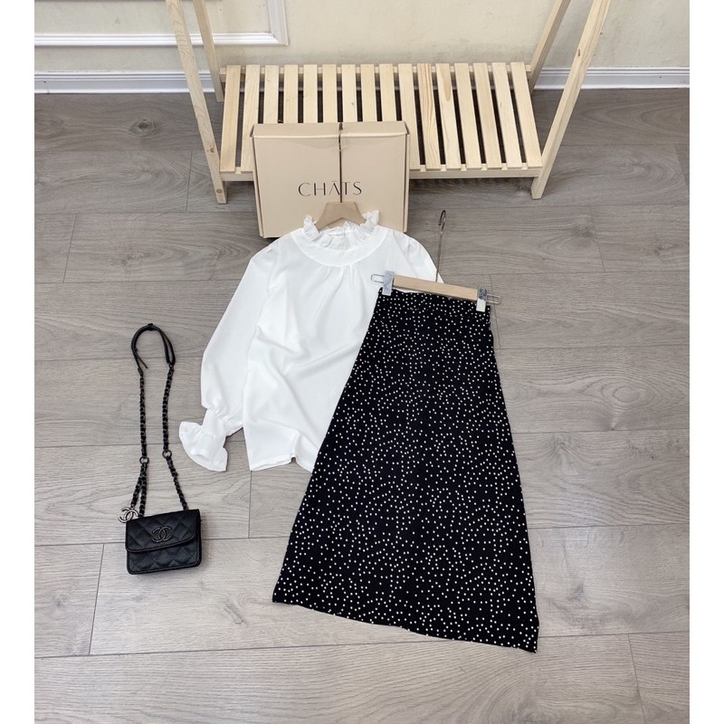 Set áo trắng cổ bèo mix chân váy bi dài (Có ảnh và video thật) | BigBuy360 - bigbuy360.vn