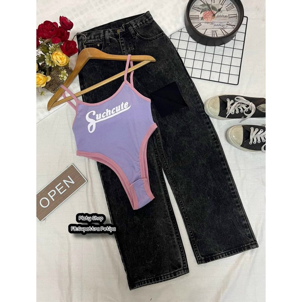 Áo thun kiểu bodysuit 2 dây viền màu chữ trước hot hit sexy đi biển đi chơi chất mát