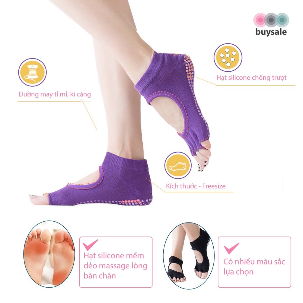 Vớ tập Yoga có hạt silicone chống trượt, thiết kế hở mu bàn chân, ngón chân, thoáng khí, hút ẩm mồ hôi BuySales BSPK211