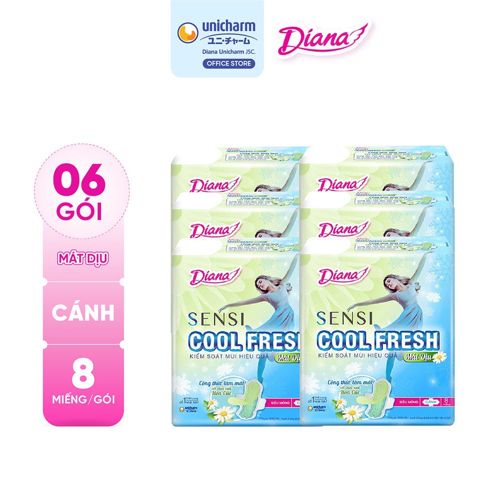 Bộ 6 gói băng vệ sinh Diana Sensi Cool Fresh Mát Dịu Siêu Mỏng Cánh 8 miếng/gói