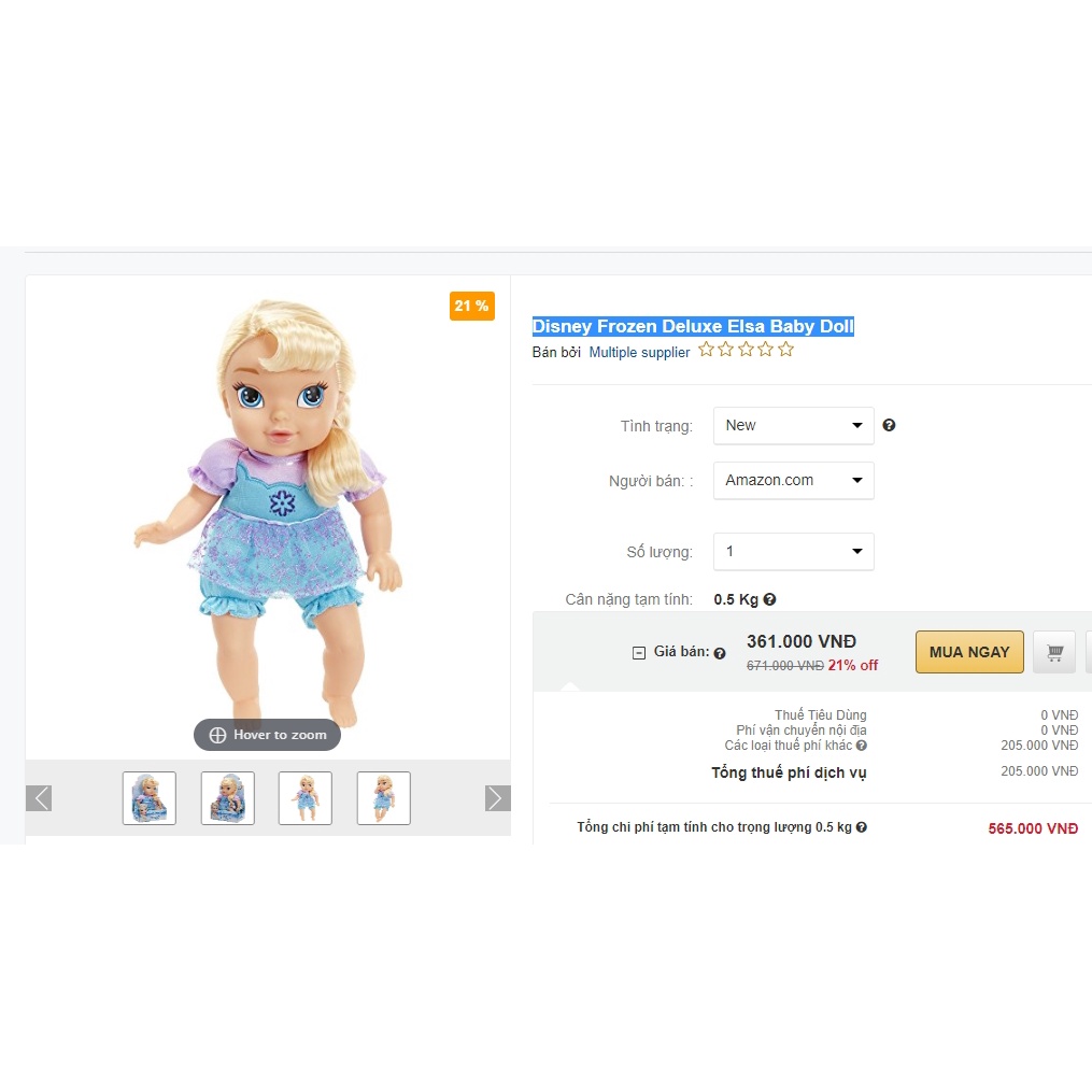 Búp Bê Disney Mỹ Sơ Sinh Thân gòn 30 cm - Disney Princess Deluxe Baby Doll 12.5 inch (hàng tồn kho)