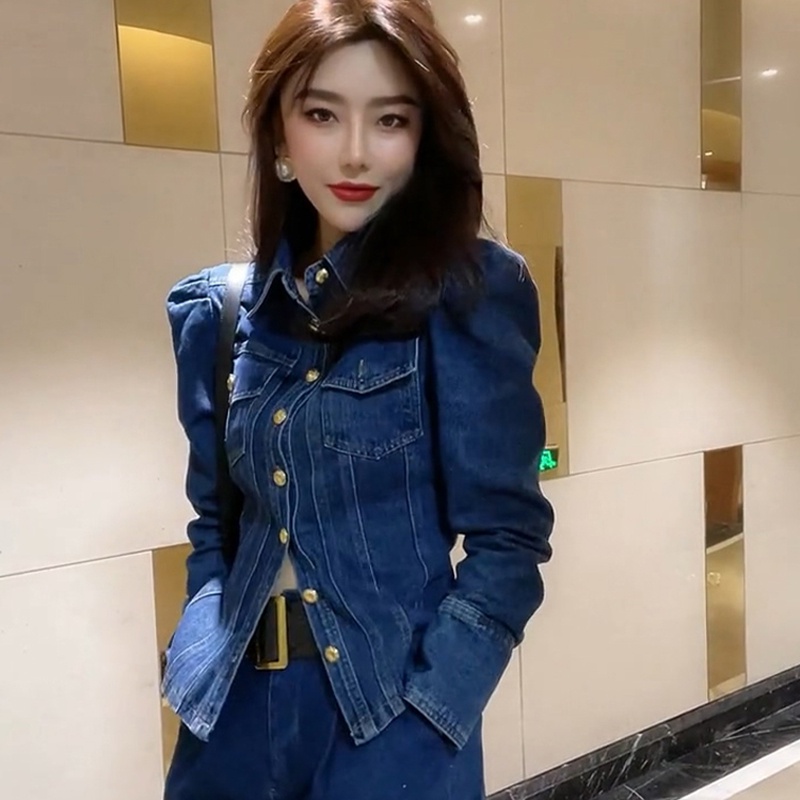 Áo khoác denim IELGY ôm dáng vừa vặn tay dài phong cách retro thời trang cá tính dành cho nữ