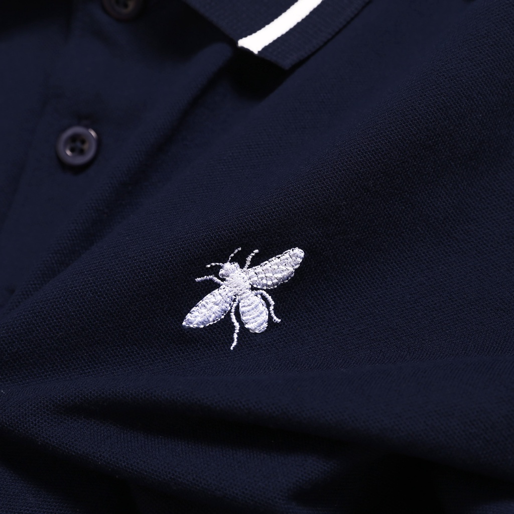 Áo Polo tay phối bo họa tiết ong thêu ngực Xanh Navy Ceffylo, vải Cotton mềm mịn - CEFFYLO