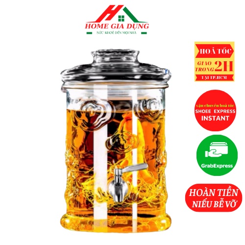Bình ngâm rượu thủy tinh 5 lít có van & không van dáng trụ hoa văn rồng