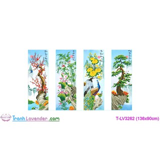 [T-LV3262]Tranh thêu chữ thập bộ Tứ quý Tùng Cúc Trúc Mai (136x90cm)