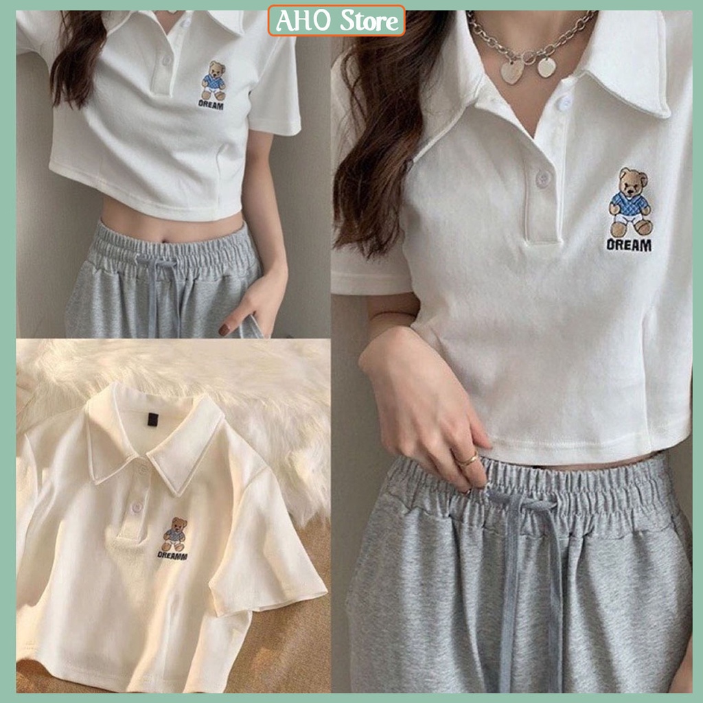 Áo Croptop Polo Thêu Gấu Áo Thun Nữ Dáng Ngắn Cổ Sơ Mi Ngắn Tay Freesize