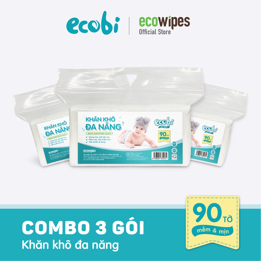 Combo 3 túi KHĂN KHÔ ĐA NĂNG ECOBI 90 tờ - Dùng thay khăn sữa, an toàn cho trẻ sơ sinh