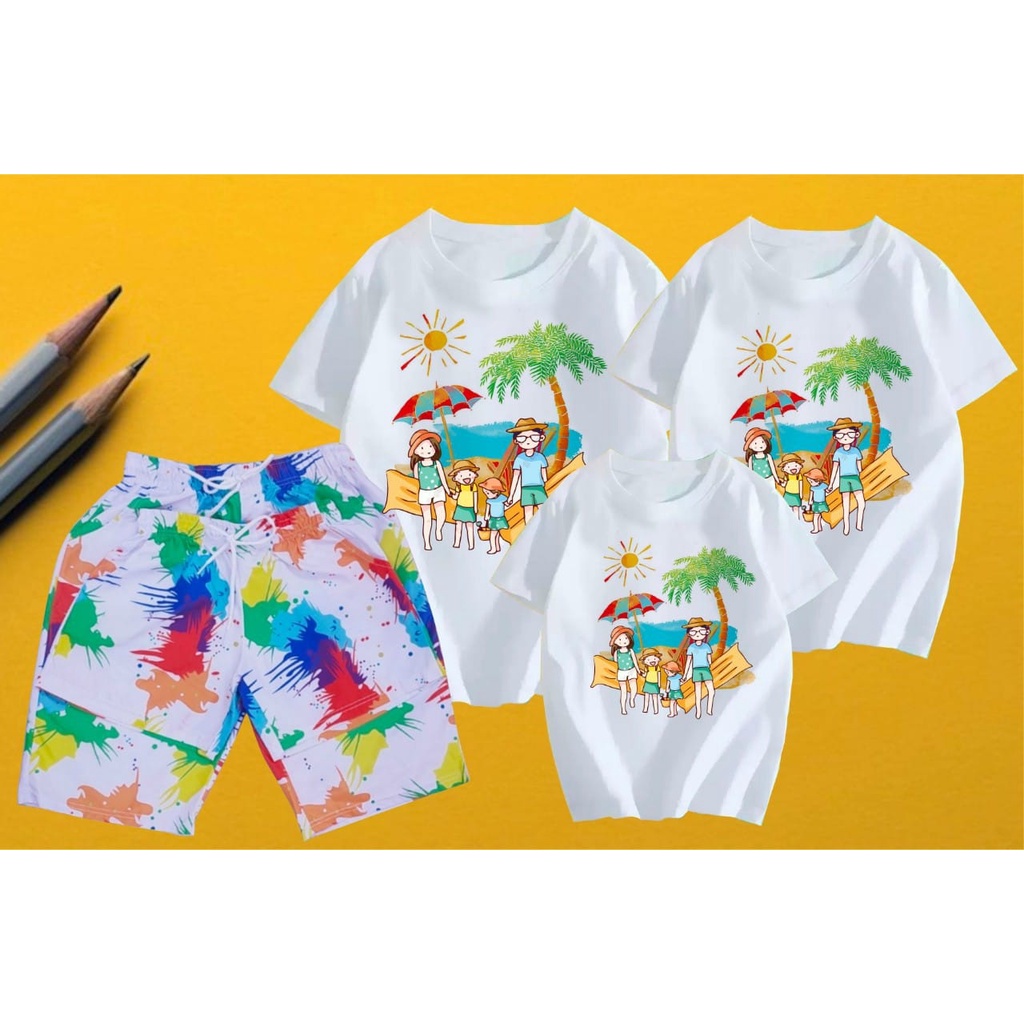 Áo thun gia đình đi biển, đồng phục gia đình, nhóm 3,4,5 người áo thun coton dày dặn, mát mịn - in hình gia đình cây dừa