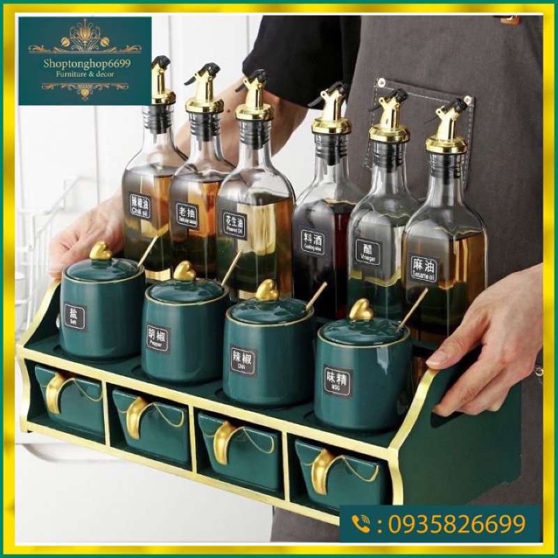 bộ đồ đựng gia vị gốm sứ xanh cổ vịt cao cấp