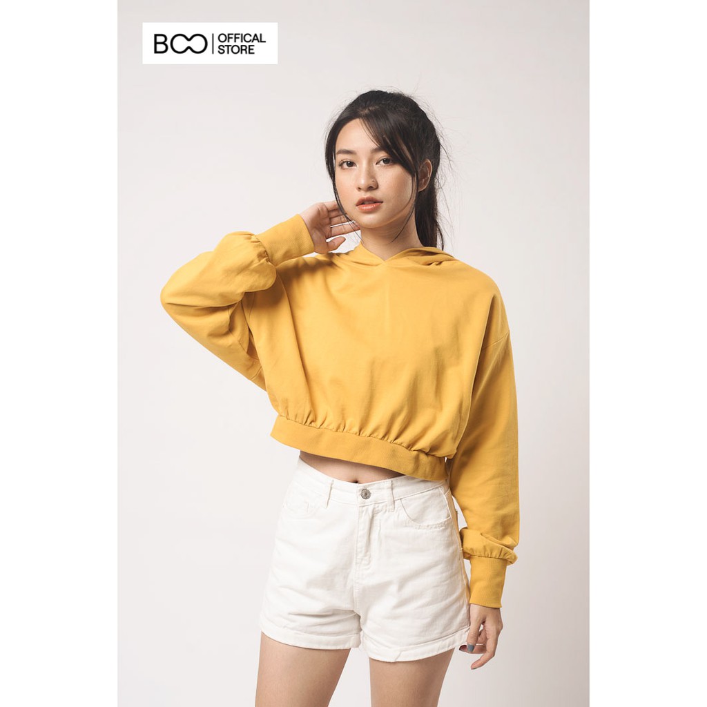 Áo hoodie nữ BOO nỉ có mũ, dáng croptop