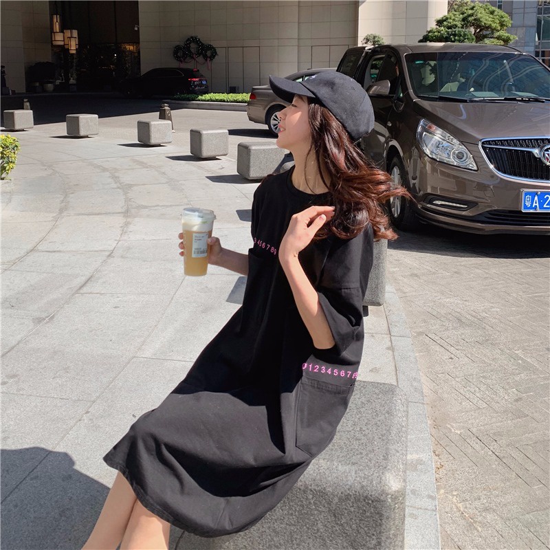 Đầm thun cotton PERTY ngắn tay thêu họa tiết phối túi thời trang cho nữ