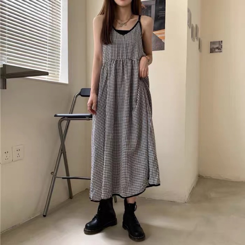 Đầm Nữ Cổ Chữ V Eo Thắt Dây Sọc Caro Thời Trang Nữ