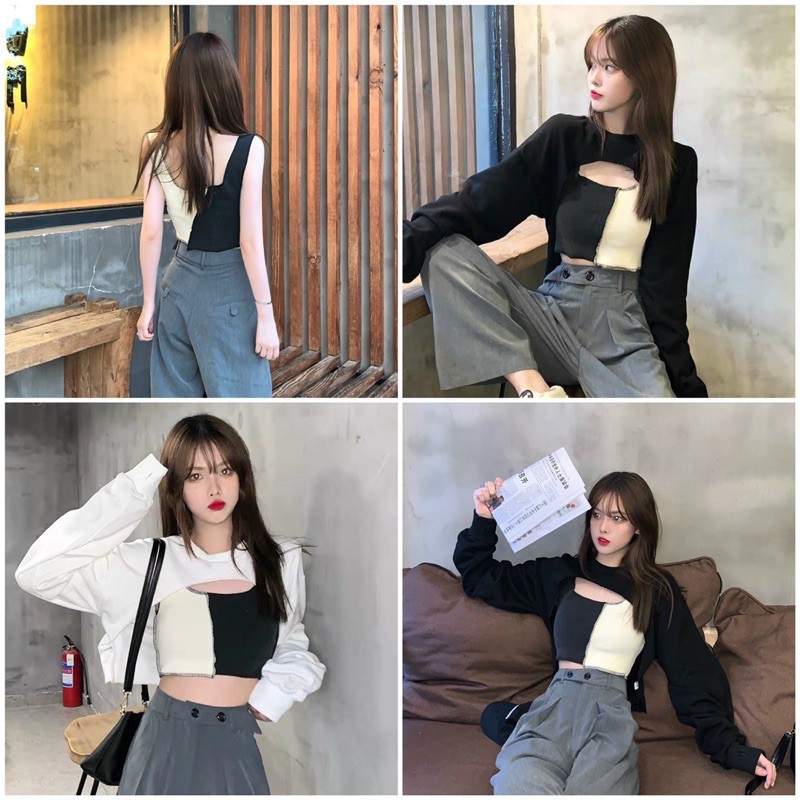 Set áo croptop ôm body tay dài phong cách ulzzang Hàn Quốc, Set áo croptop hoodie 2 món cá tính C65 - Maoshop