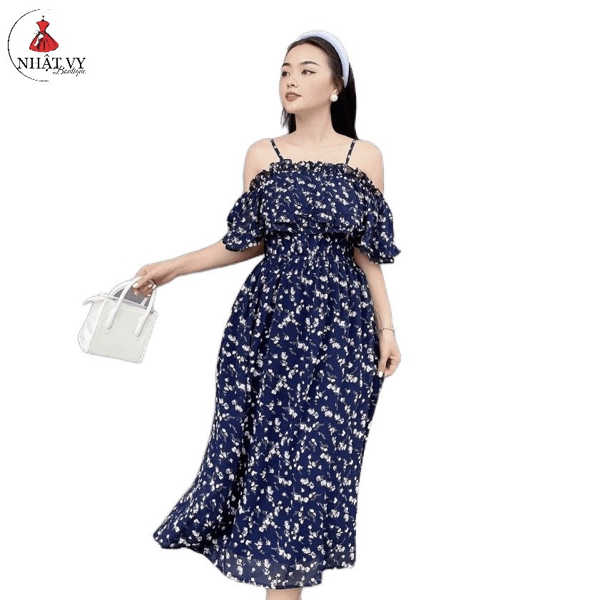 Đầm Trễ Vai Đi Chơi NHẬT VY Chất Voan 2 dây Dáng Maxi Bo Thun Ngực Màu Xanh Đen, X.Biển - D2312