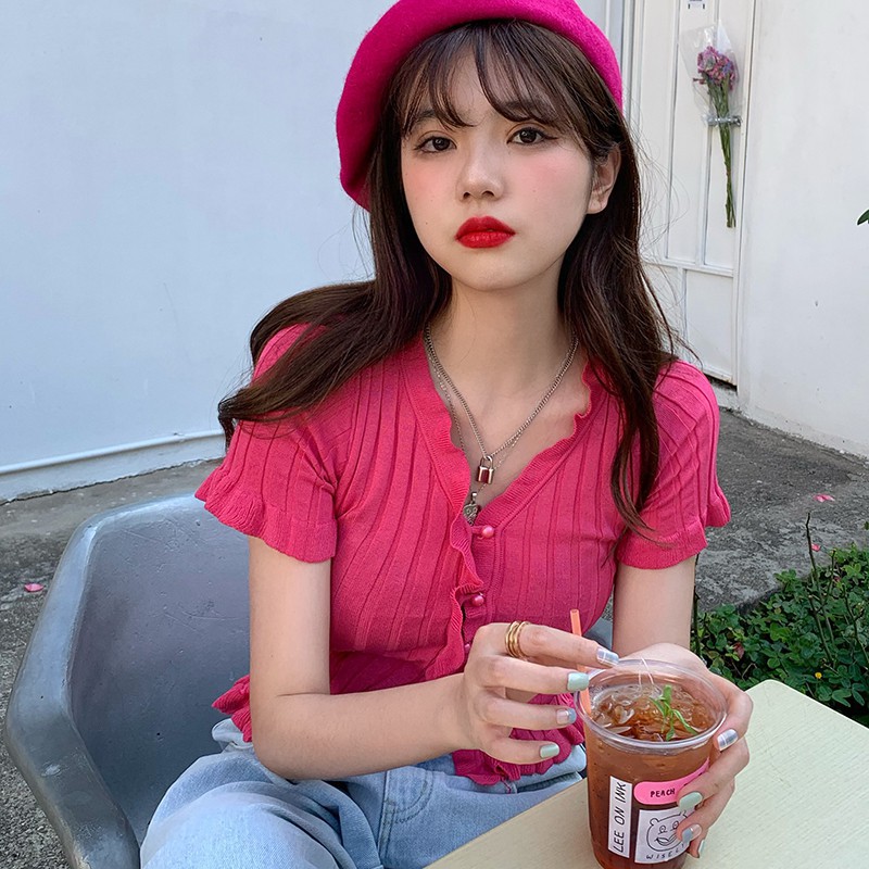 Áo Croptop Cardigan Ngắn Tay Cổ Chữ V Phối Nút Thời Trang Cho Nữ | BigBuy360 - bigbuy360.vn