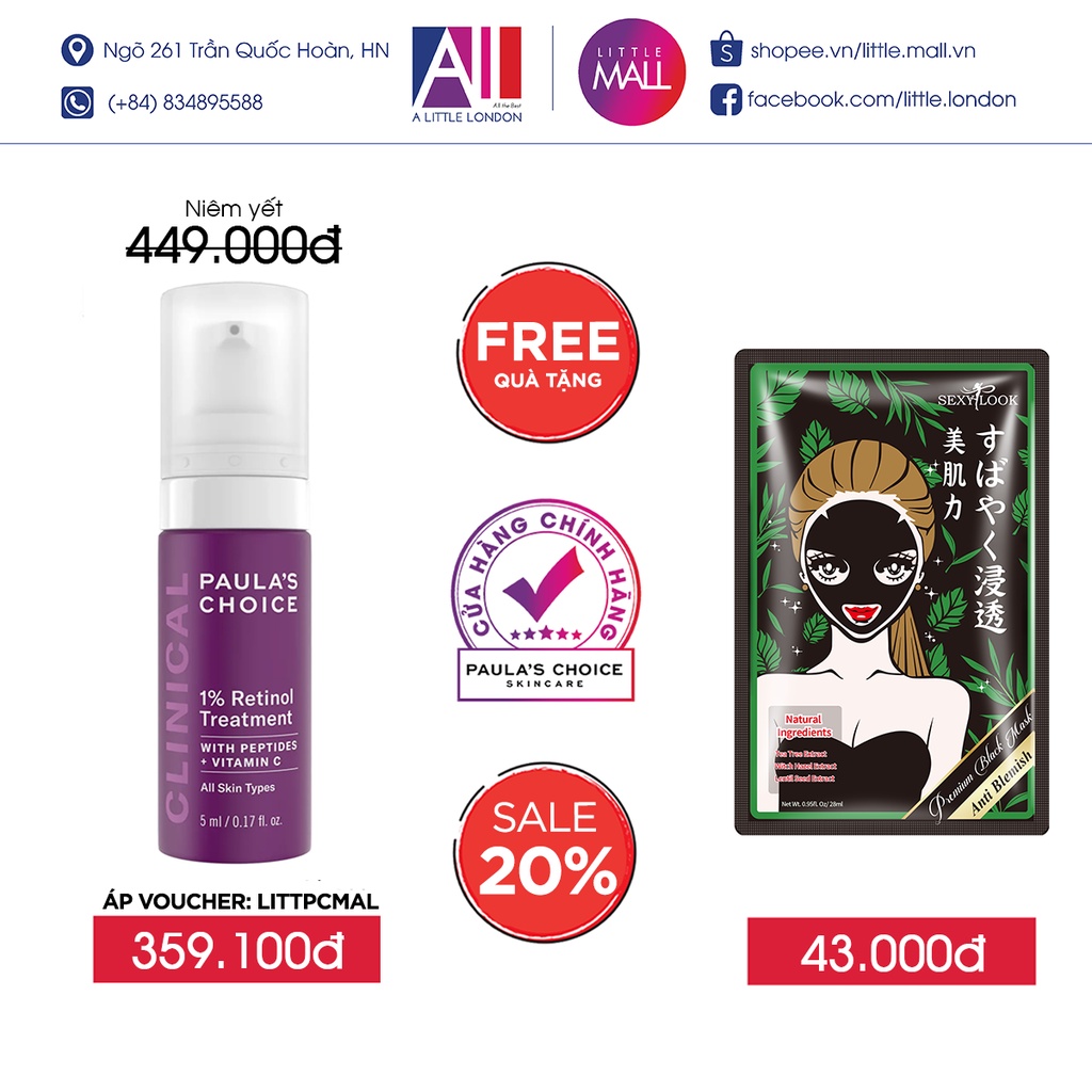 Tinh chất chống lão hóa 1% retinol Paula's Choice clinical 1% retinol treatment TẶNG mặt nạ Sexylook (Nhập khẩu)