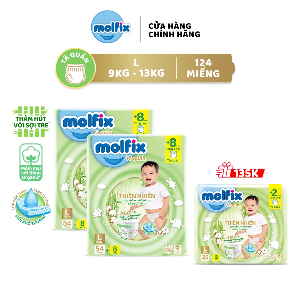 [Tặng 1 tã quần size L gói 22 miếng] Combo 2 Tã/bỉm quần Moflix Thiên nhiên Super Jumbo L (9kg - 13kg) - 2 gói 124 miếng