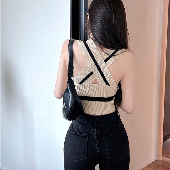 Áo Hai Dây Dệt Kim Họa Tiết Kẻ Sọc Thời Trang