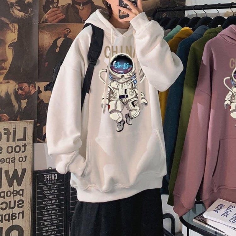 Áo hoodie unisex form rộng tay bồng mũ hai lớp - Nasa