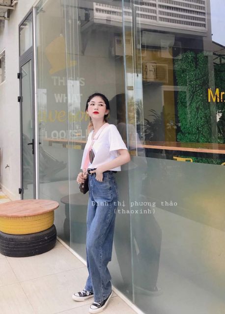 Quần baggy jeans cạp cao ống loe nhẹ màu xanh đá ulzzang kèm ảnh thật
