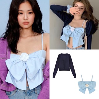 sẵn Hồng L Ảnh thật Áo xanh nơ hai dây giống Jennie (loại nút phía sau)