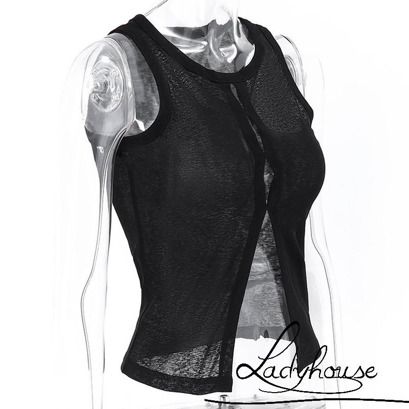 Áo Thun Lưới Không Tay Cổ Tròn Màu Trơn Thời Trang Dành Cho Nữ