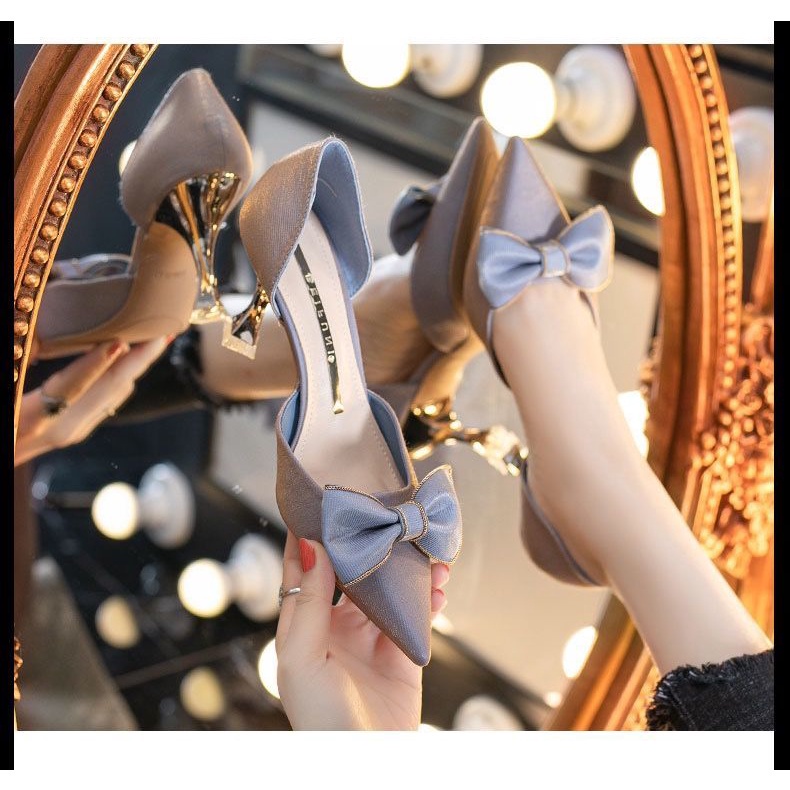 Giày cao gót Xiaoxiangfeng mỏng gắn nơ rỗng thời trang mùa thu Pháp 2021 mới cho nữ