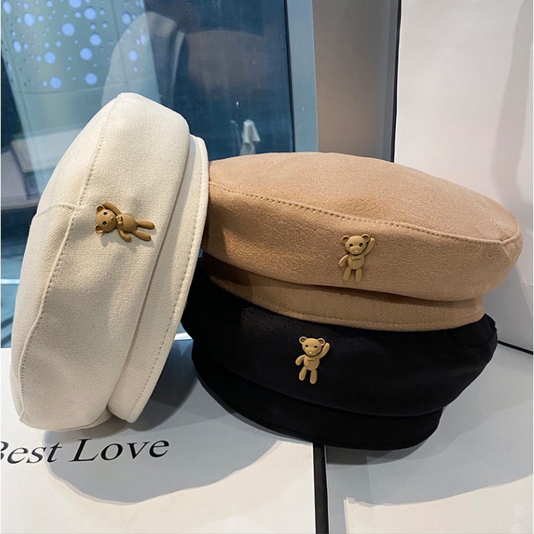 Korean version of the fashion bear three-dimensional rivet octagonal hat Japanese small fresh face small beret women