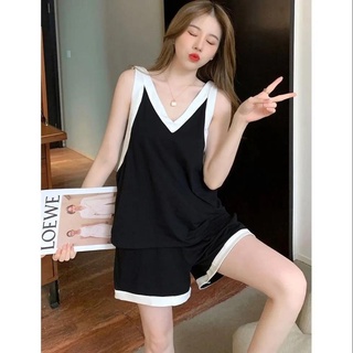 2022 new pajamas women's summer vest sexy sling two sets of thin solid color can wear a home suit