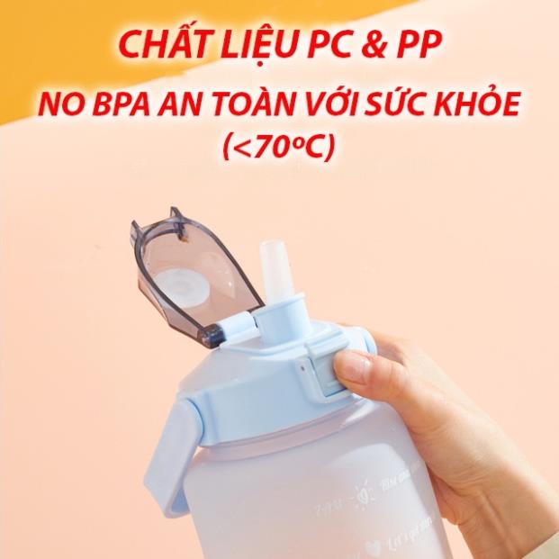 Bình nước cute nhựa 2 lít, bình đựng nước có ống hút và vạch nhắc giờ uống nước Gym 34