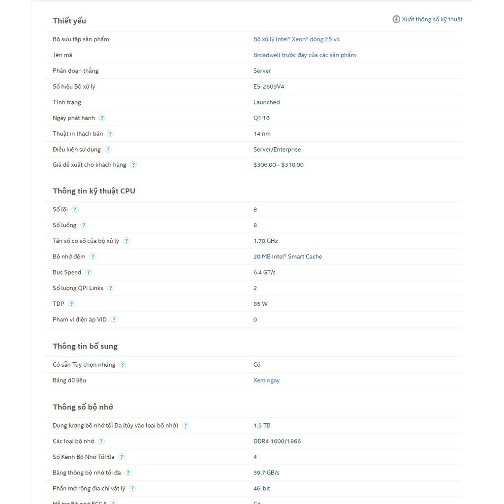 CPU Intel Xeon E5-2609 V4 Socket 2011-4 8Core | BigBuy360 - bigbuy360.vn