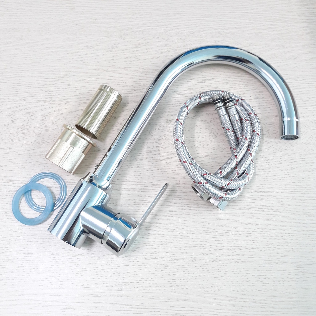 Vòi Rửa Chén Bát Nóng Lạnh Inox 304 Cổ Bi Thân Cứng Mạ Màu Bạc Với Cần Gạt Dẹt, Đầu Vòi Tạo Bọt, Chống Giọt Bắn Cao Cấp