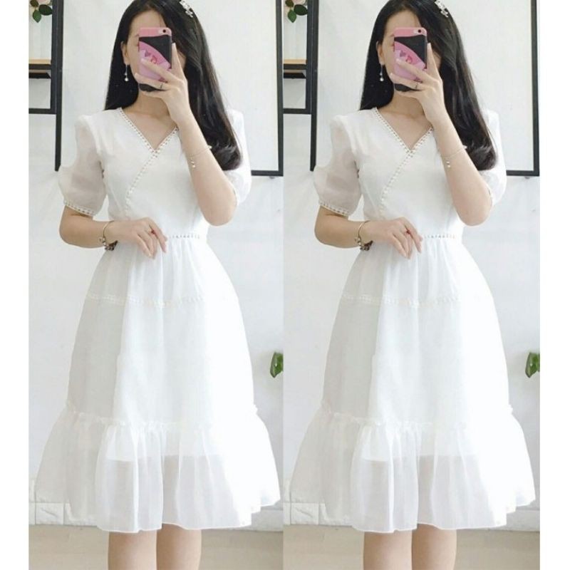 Váy trắng dự tiệc tùng xoè hàng cao cấp V748 kèm ảnh thật SẴN SIZE M