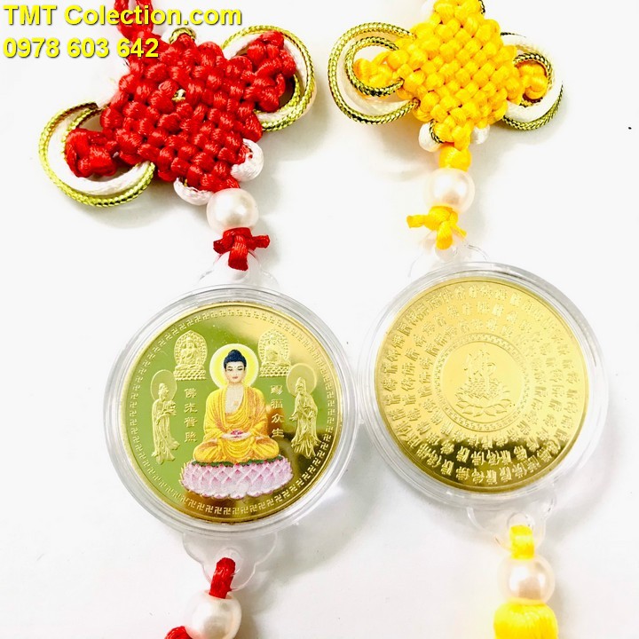 Dây Treo Xu Phật A Di Đà Và Các Vị Bồ Tát In Màu; khắc họa hình Đức Phật và các vị Bồ Tát từ bi- SP005274