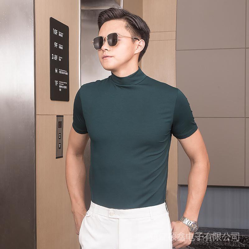Áo Thun Nam Tay Ngắn Cổ Cao Màu Trơn Vải Cotton Lụa Mát